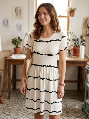 Cream Short-Sleeve Mini Dress with Black Stripe Detail